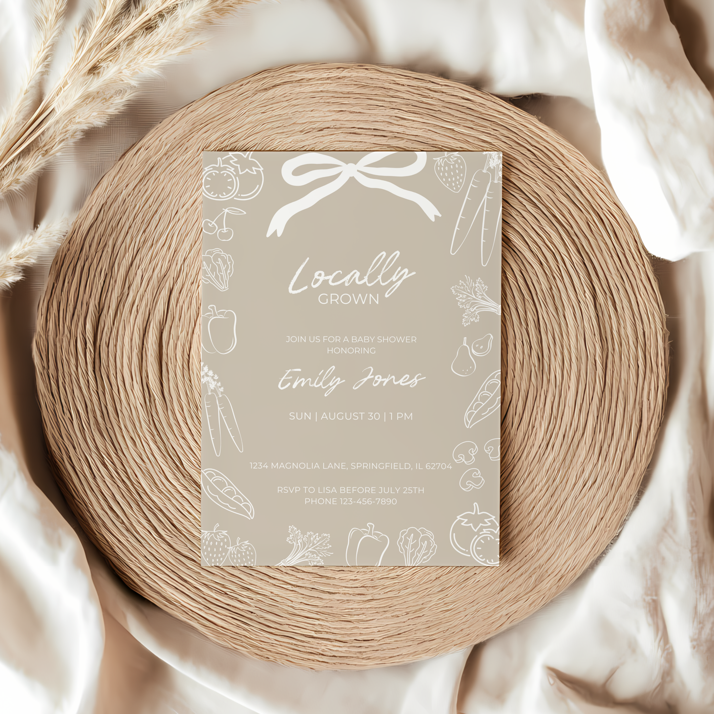 Baby Shower Invitation - Locally Grown Beige Hand Drawn Organic Farmers Market BS100
