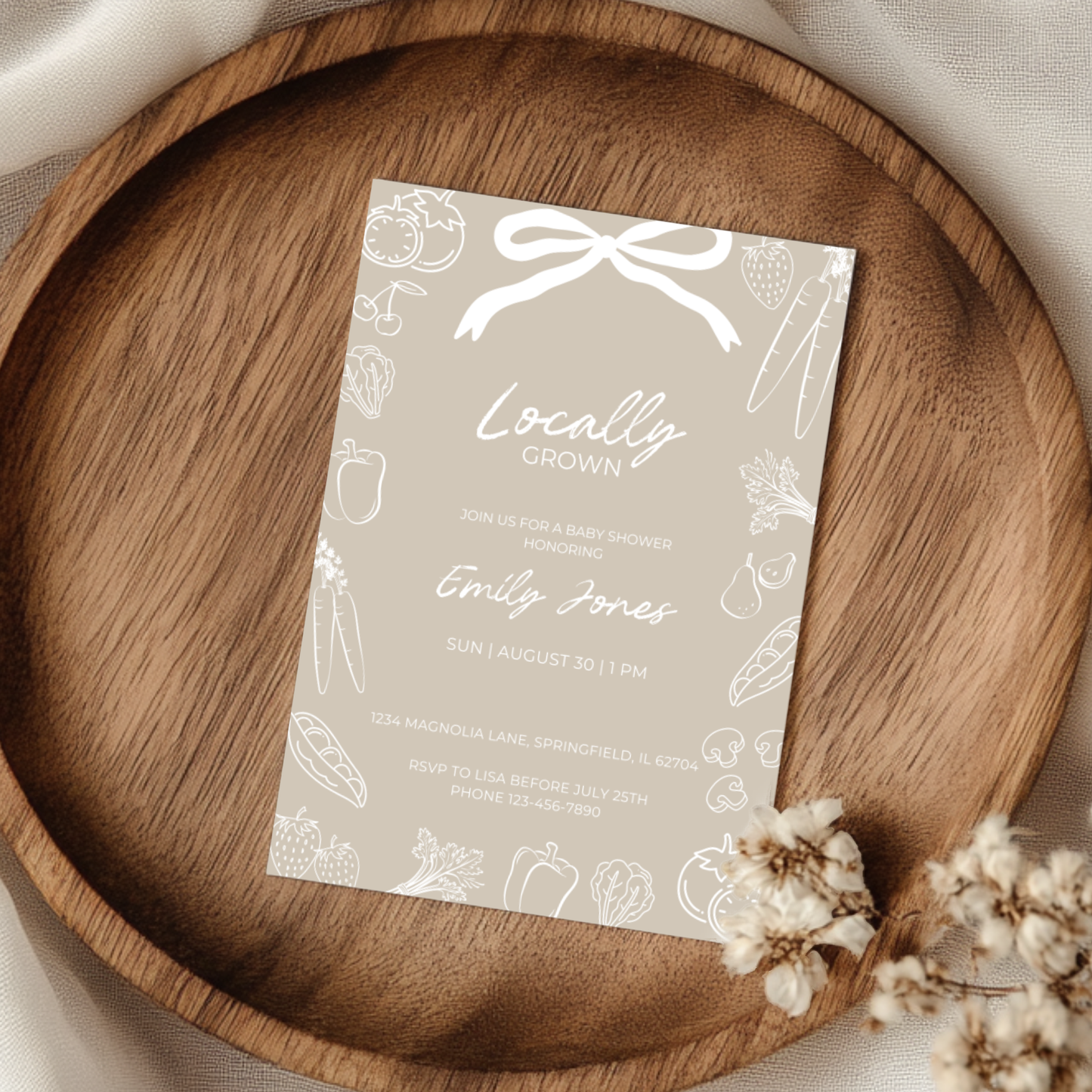 Baby Shower Invitation - Locally Grown Beige Hand Drawn Organic Farmers Market BS100