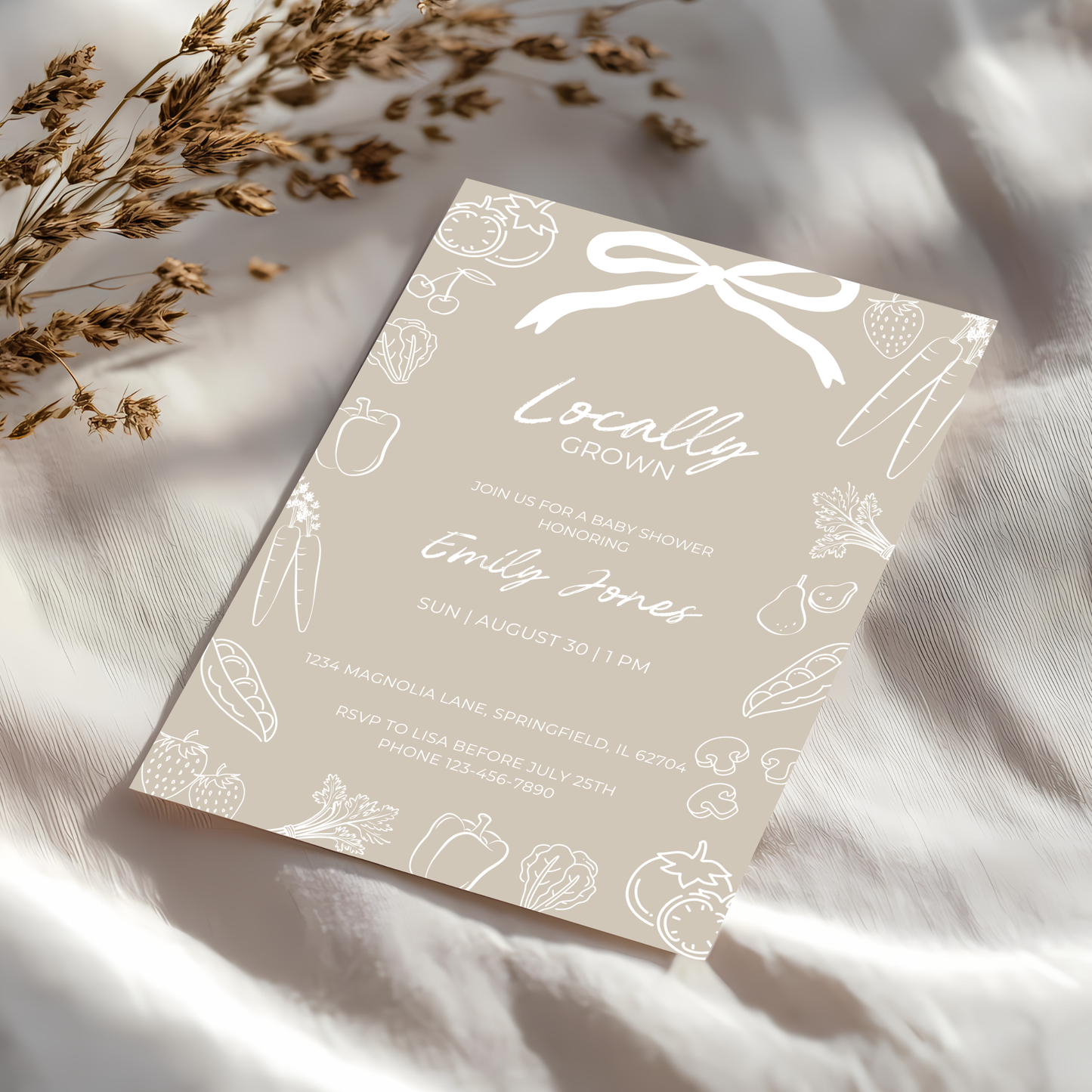 Baby Shower Invitation - Locally Grown Beige Hand Drawn Organic Farmers Market BS100
