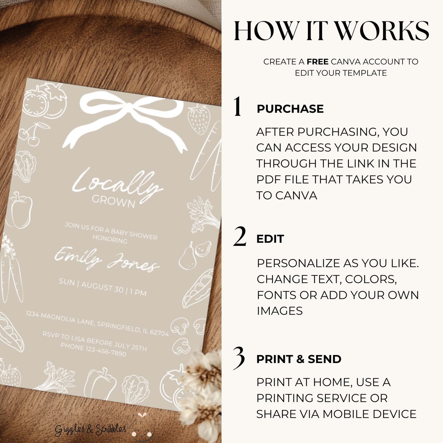 Baby Shower Invitation - Locally Grown Beige Hand Drawn Organic Farmers Market BS100