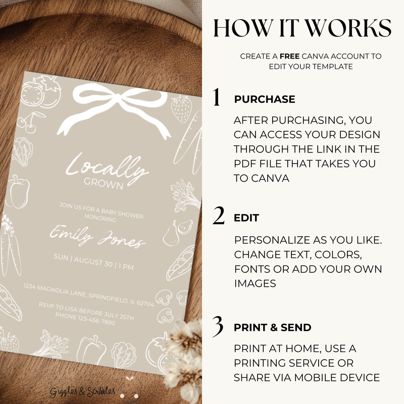 Baby Shower Invitation - Locally Grown Beige Hand Drawn Organic Farmers Market BS100