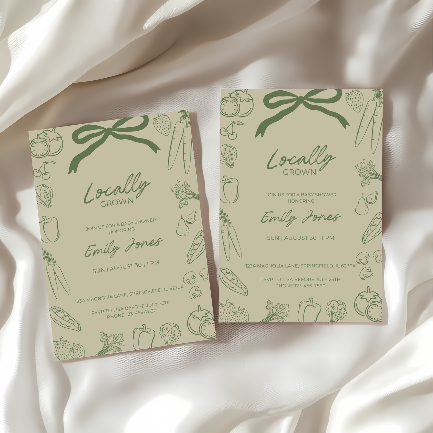 Baby Shower Invitation - Green Locally Grown Handdrawn Organic Farmers Market BS100