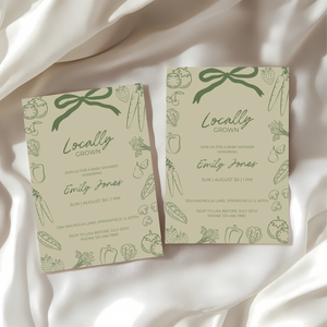 Baby Shower Invitation - Green Locally Grown Handdrawn Organic Farmers Market BS100