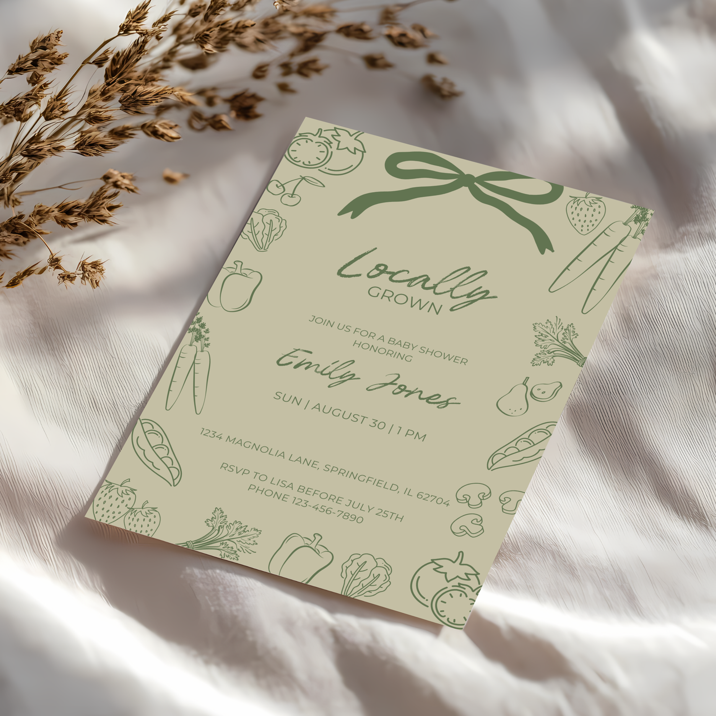 Baby Shower Invitation - Green Locally Grown Handdrawn Organic Farmers Market BS100