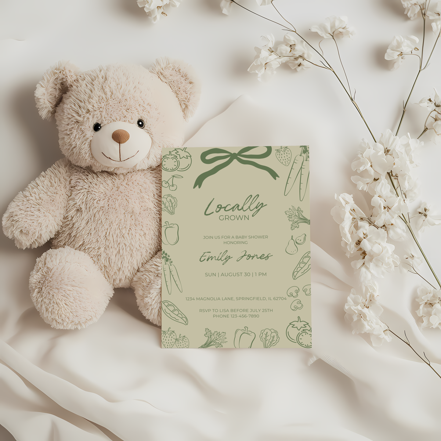 Baby Shower Invitation - Green Locally Grown Handdrawn Organic Farmers Market BS100