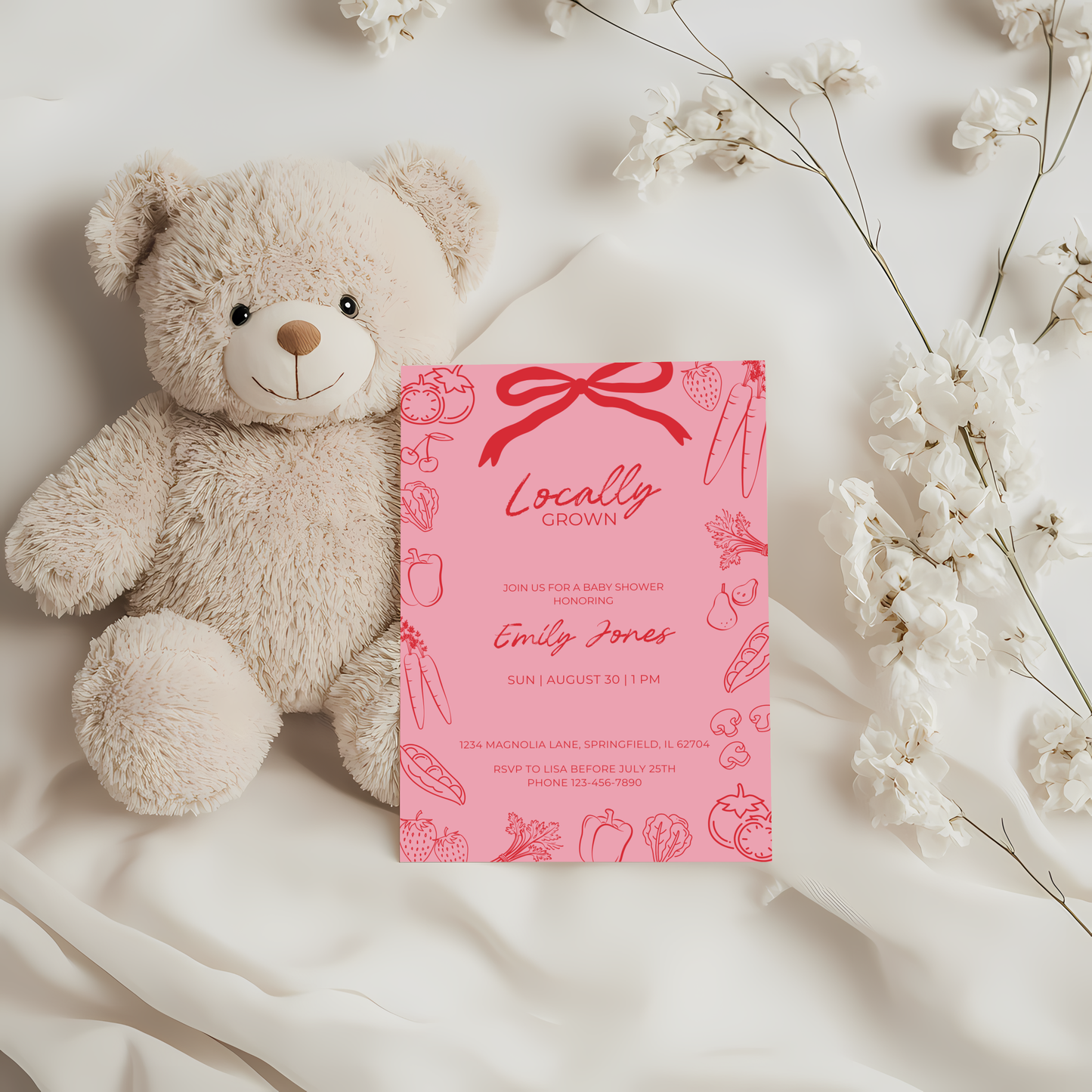 Baby Shower Invitation - Pink Locally Grown Hand Drawn Organic Farmers Market BS100