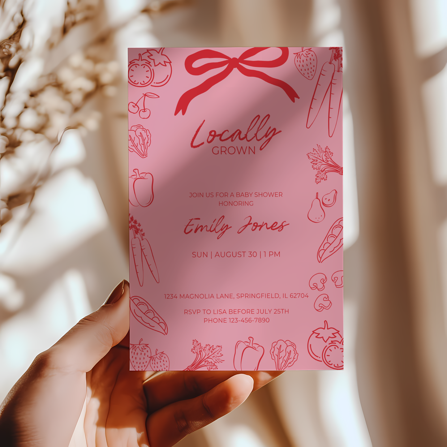 Baby Shower Invitation - Pink Locally Grown Hand Drawn Organic Farmers Market BS100