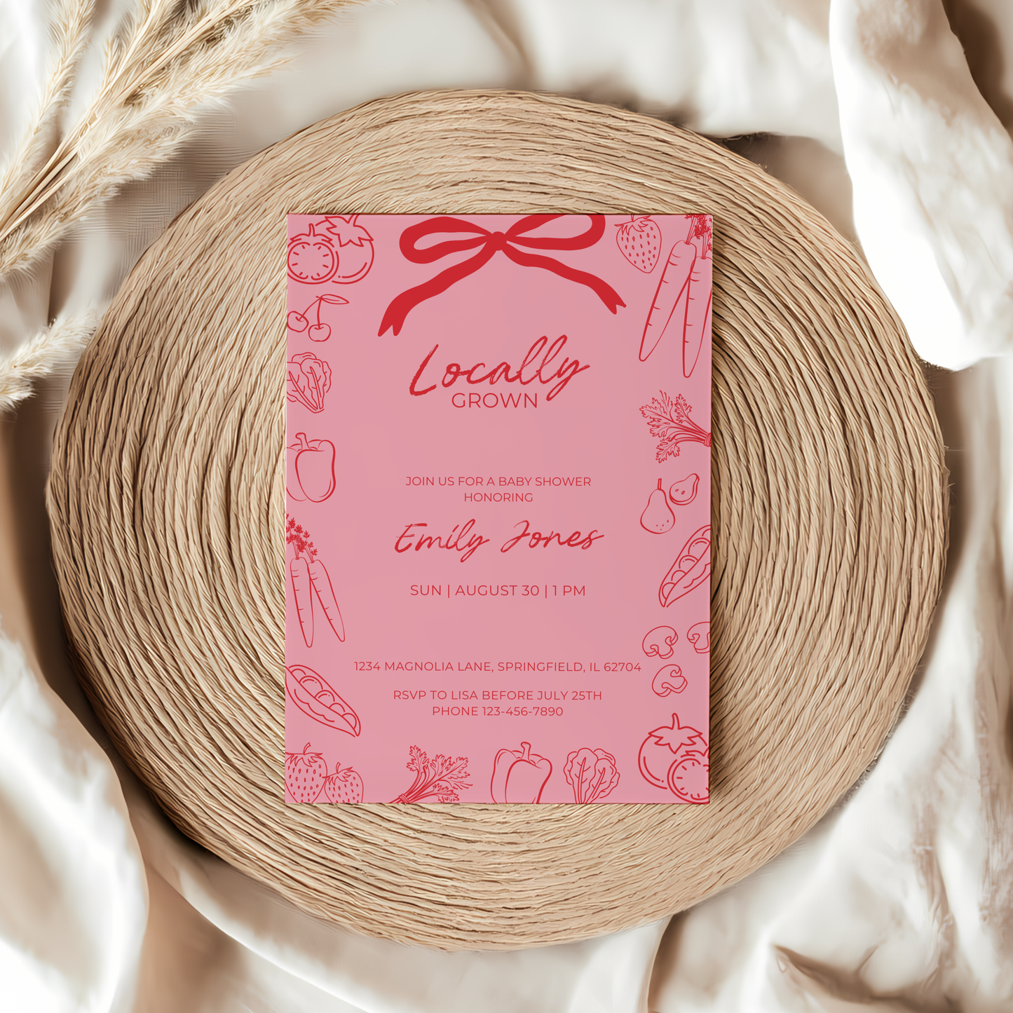 Baby Shower Invitation - Pink Locally Grown Hand Drawn Organic Farmers Market BS100