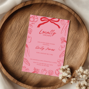 Baby Shower Invitation - Pink Locally Grown Hand Drawn Organic Farmers Market BS100