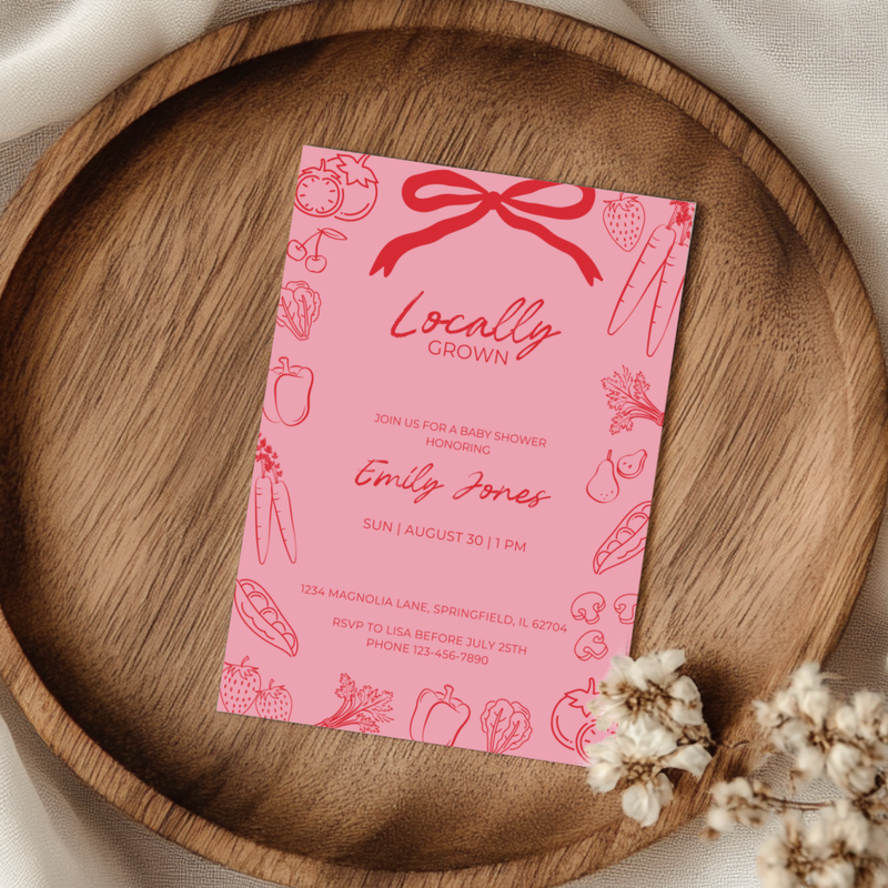 Baby Shower Invitation - Pink Locally Grown Hand Drawn Organic Farmers Market BS100