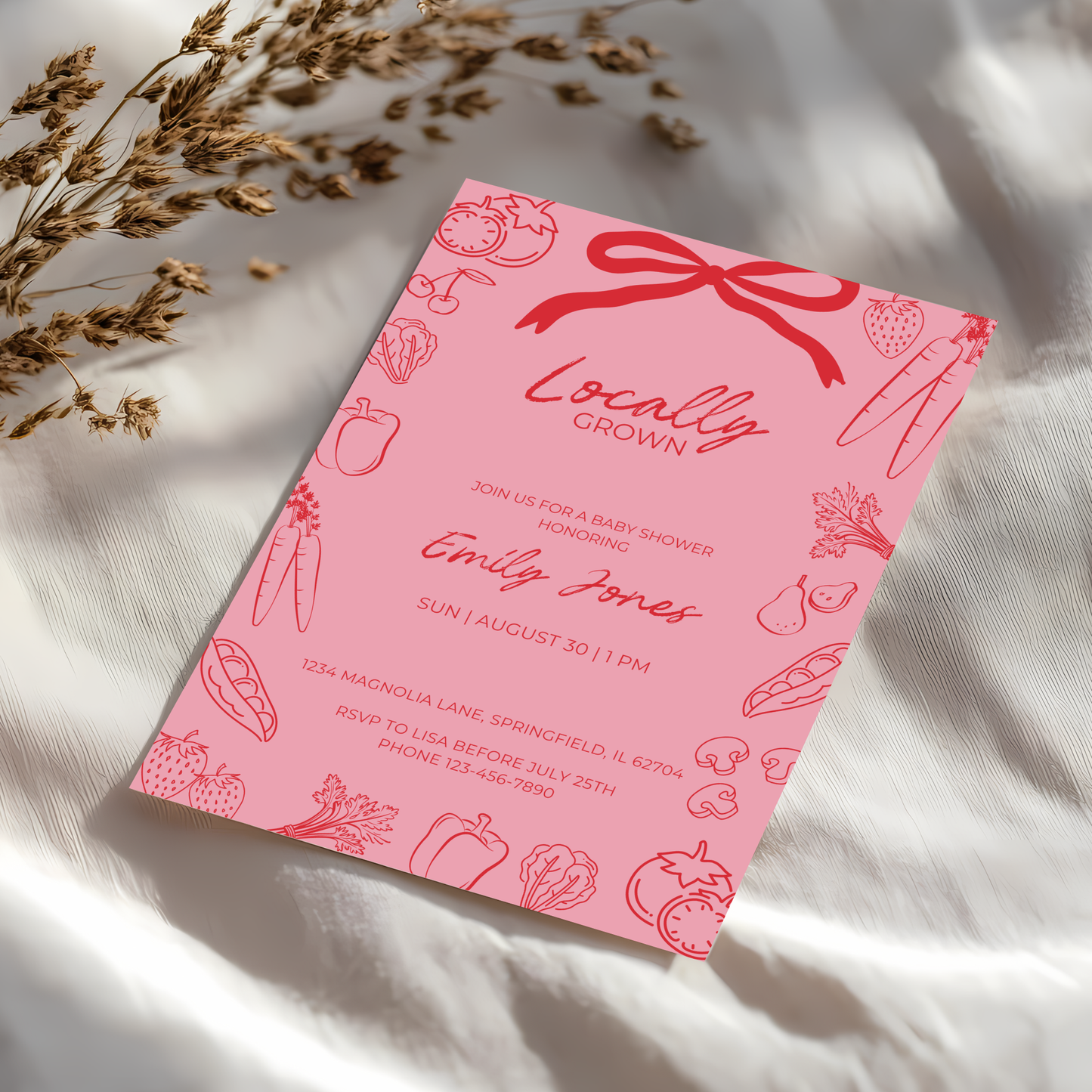 Baby Shower Invitation - Pink Locally Grown Hand Drawn Organic Farmers Market BS100
