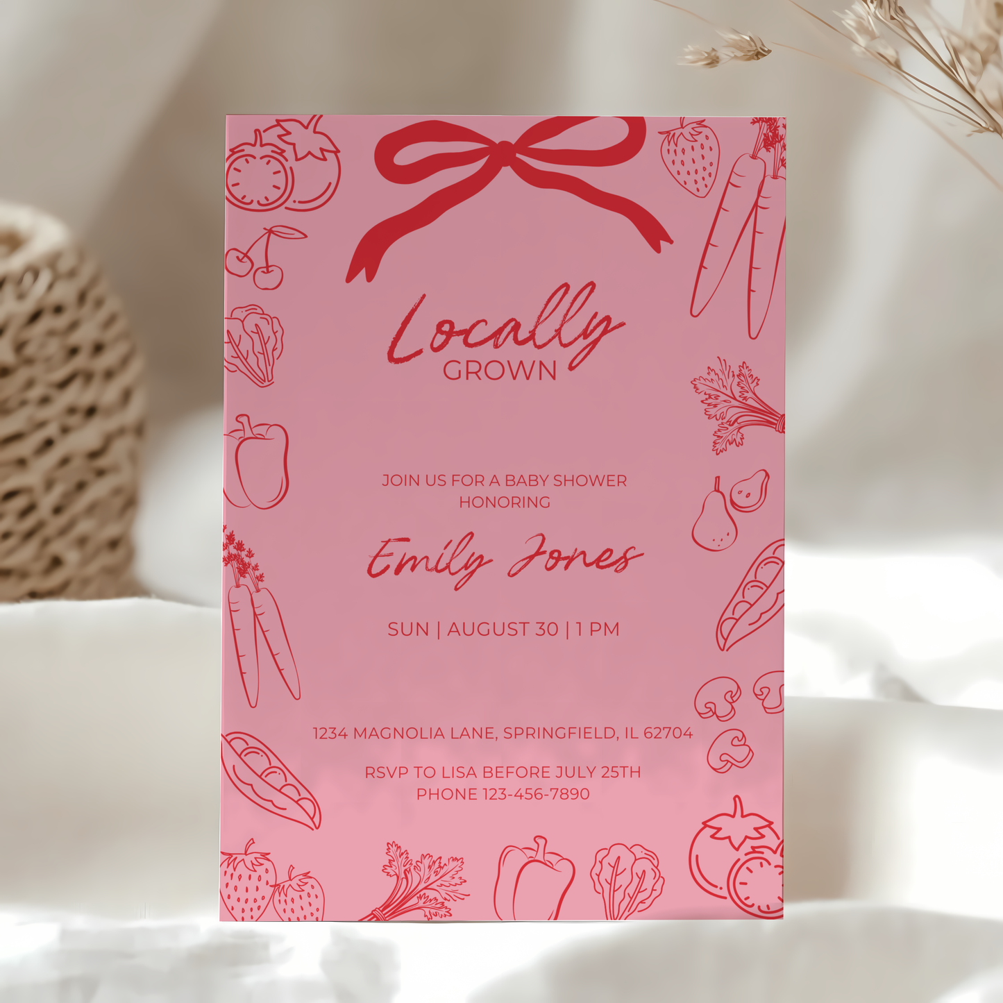 Baby Shower Invitation - Pink Locally Grown Hand Drawn Organic Farmers Market BS100