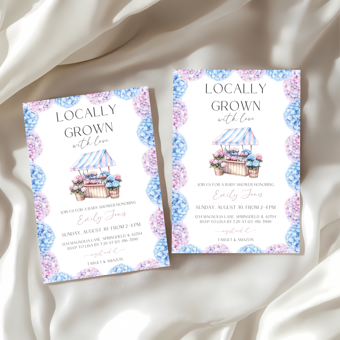 Baby Shower Invitation - Locally Grown Floral Farmers Market with Pink Blue Hydrangea Flowers BS99