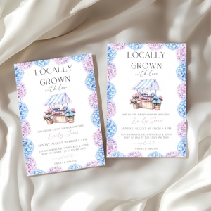 Baby Shower Invitation - Locally Grown Floral Farmers Market with Pink Blue Hydrangea Flowers BS99