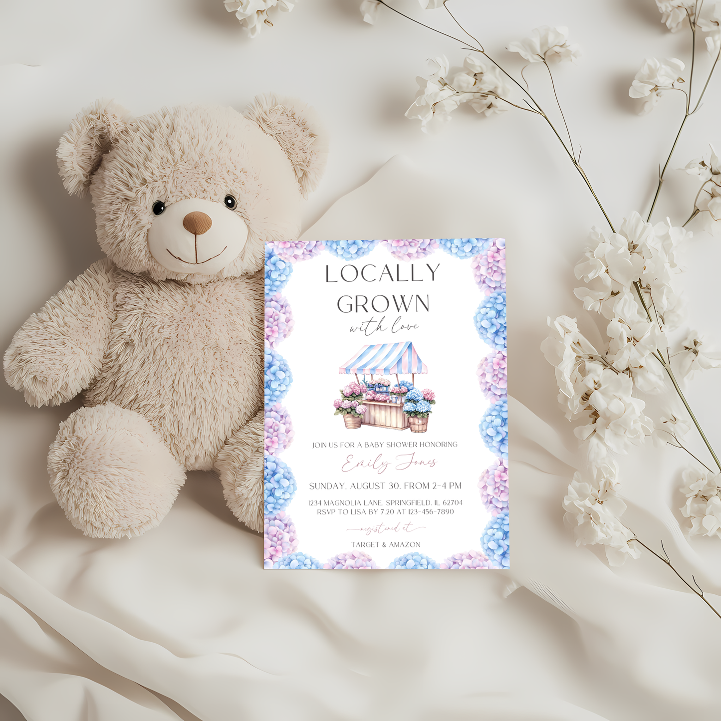 Baby Shower Invitation - Locally Grown Floral Farmers Market with Pink Blue Hydrangea Flowers BS99