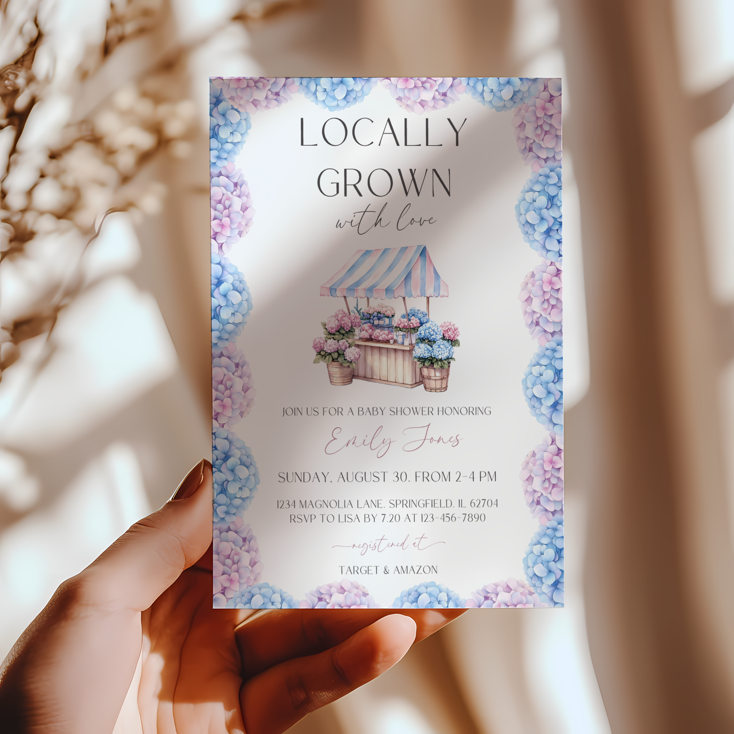 Baby Shower Invitation - Locally Grown Floral Farmers Market with Pink Blue Hydrangea Flowers BS99