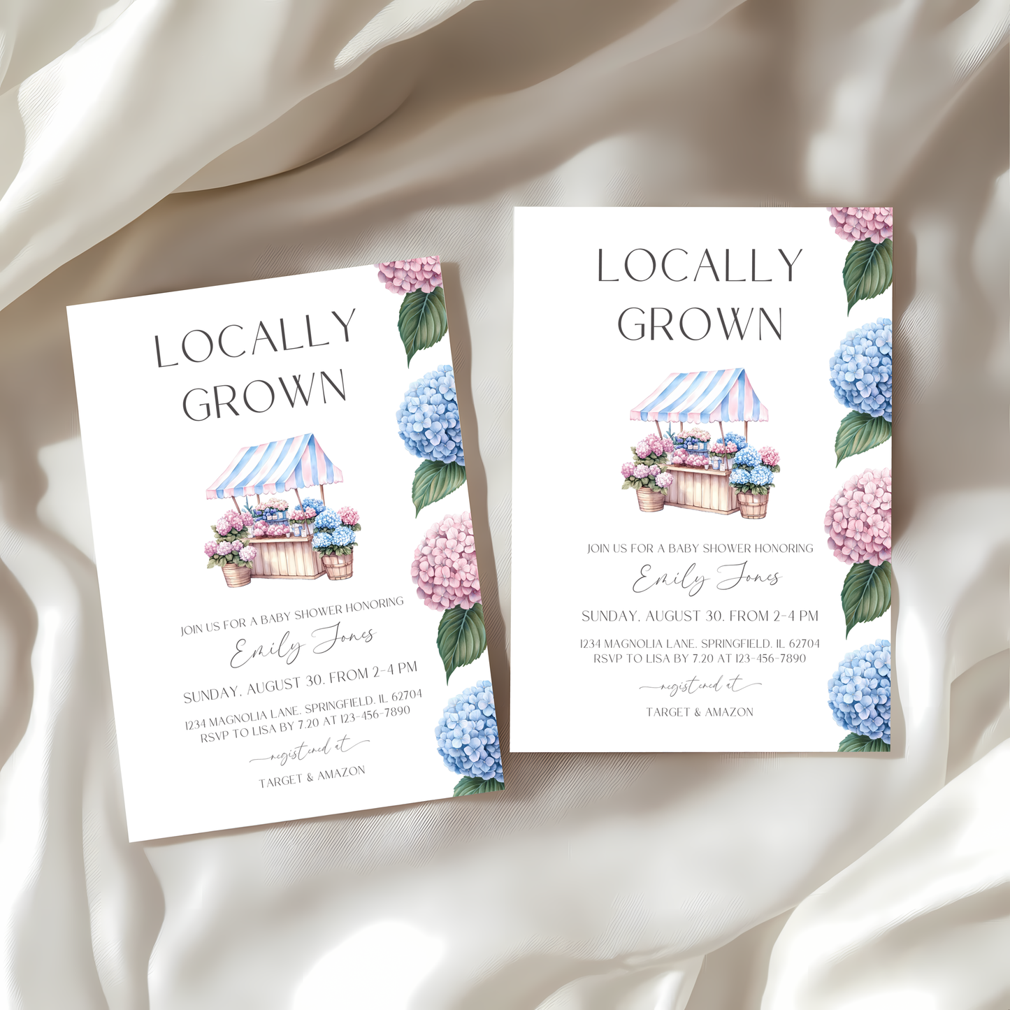 Baby Shower Invitation - Locally Grown Flowers Market Stand Pink Blue Hydrangeas BS98