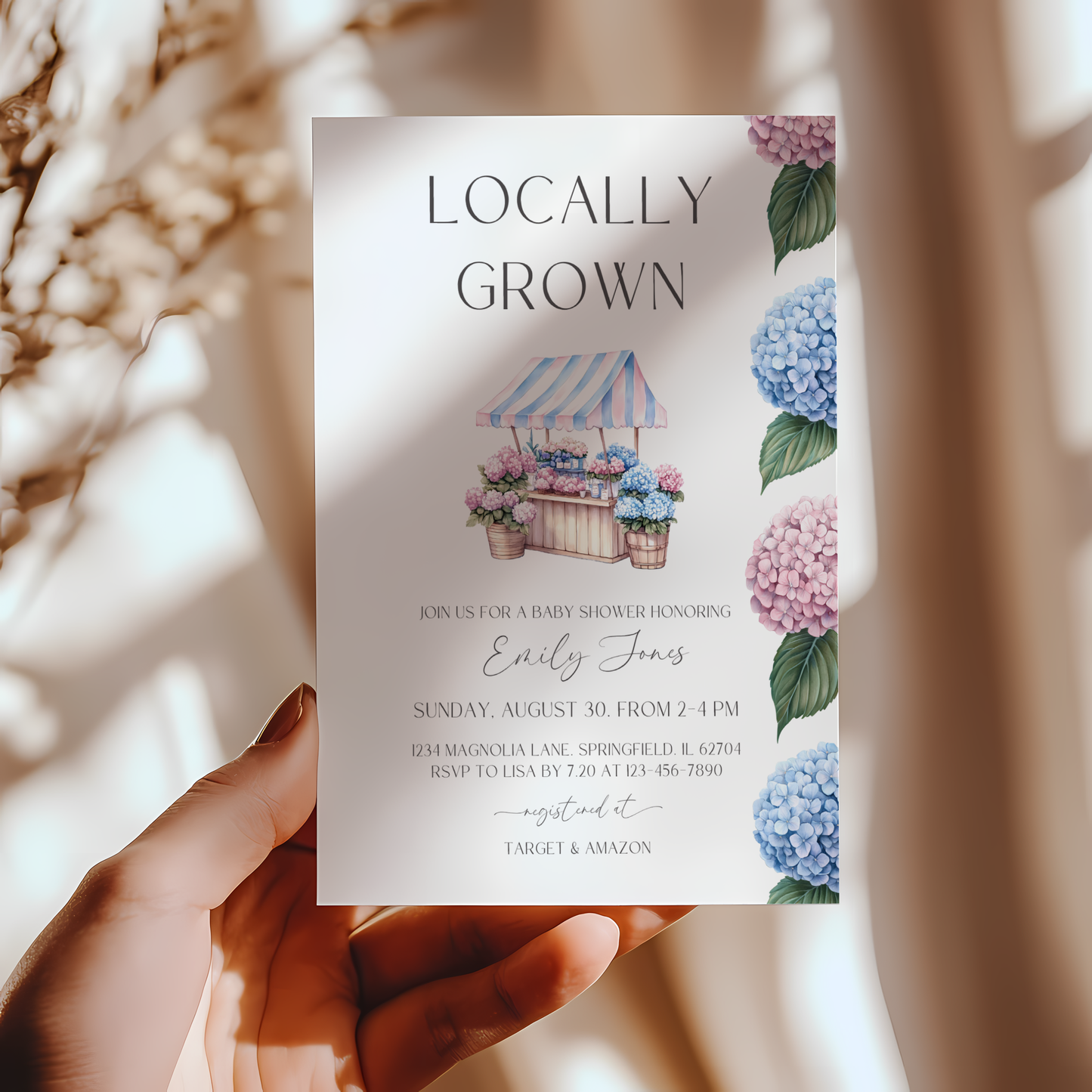 Baby Shower Invitation - Locally Grown Flowers Market Stand Pink Blue Hydrangeas BS98