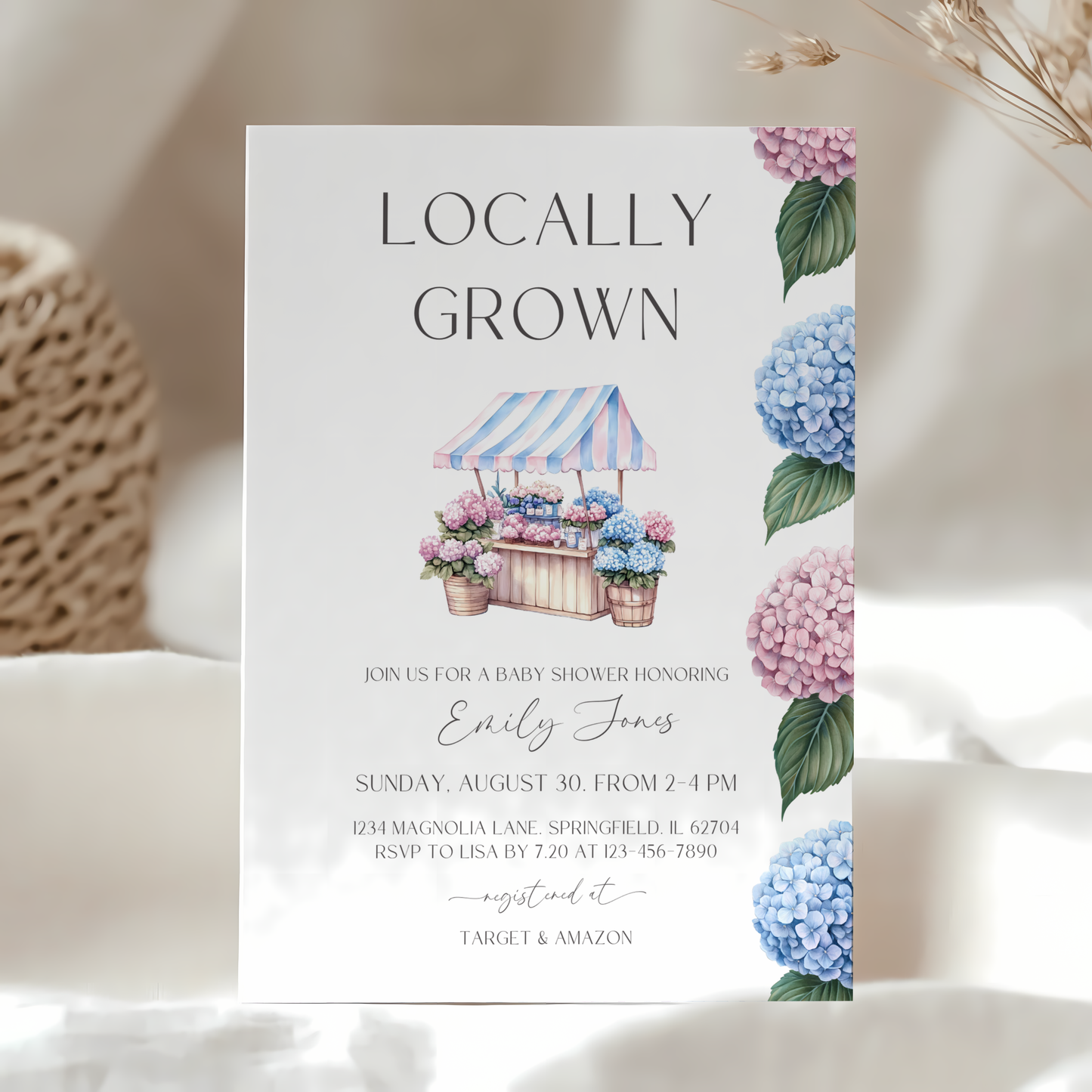Baby Shower Invitation - Locally Grown Flowers Market Stand Pink Blue Hydrangeas BS98
