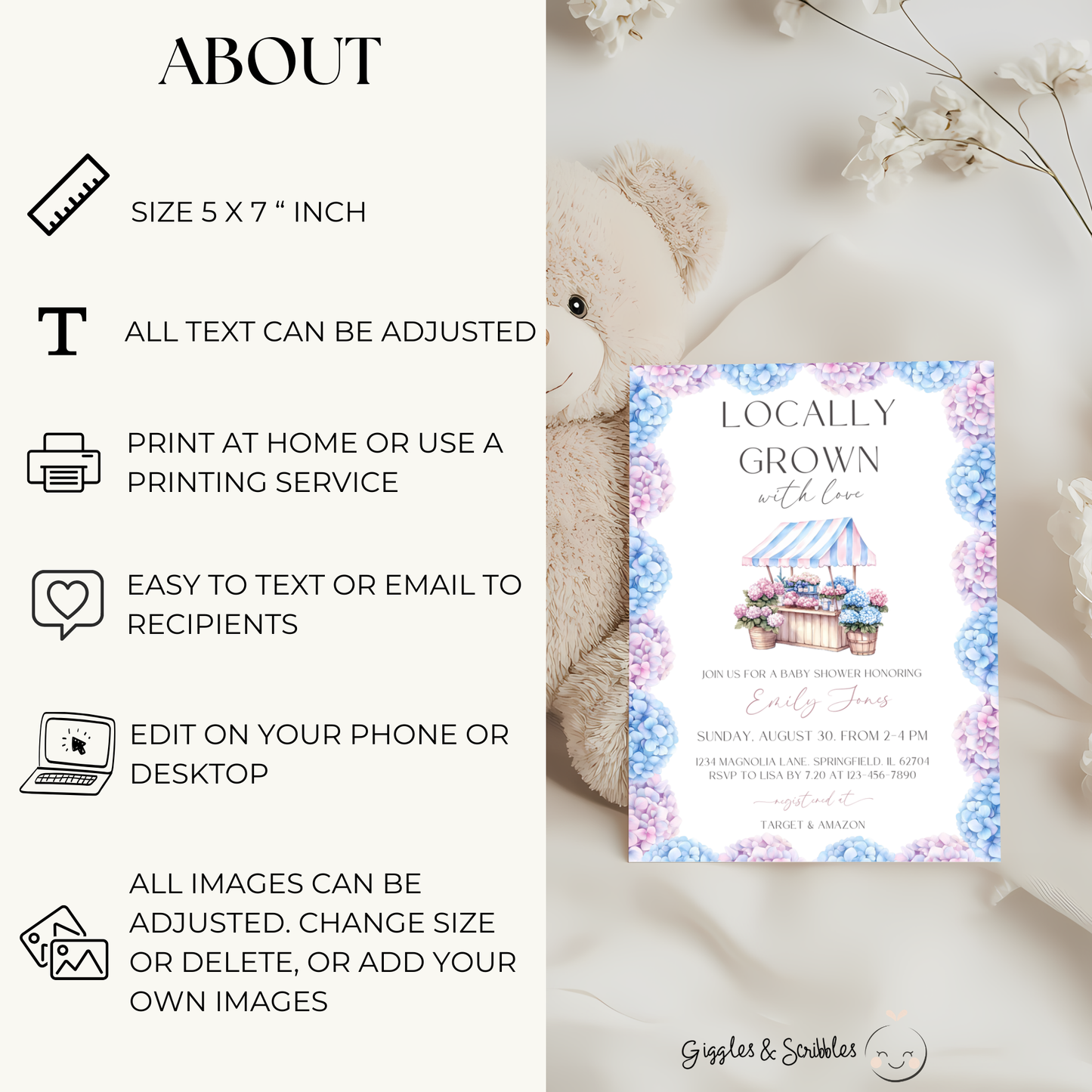 Baby Shower Invitation - Locally Grown Floral Farmers Market with Pink Blue Hydrangea Flowers BS99