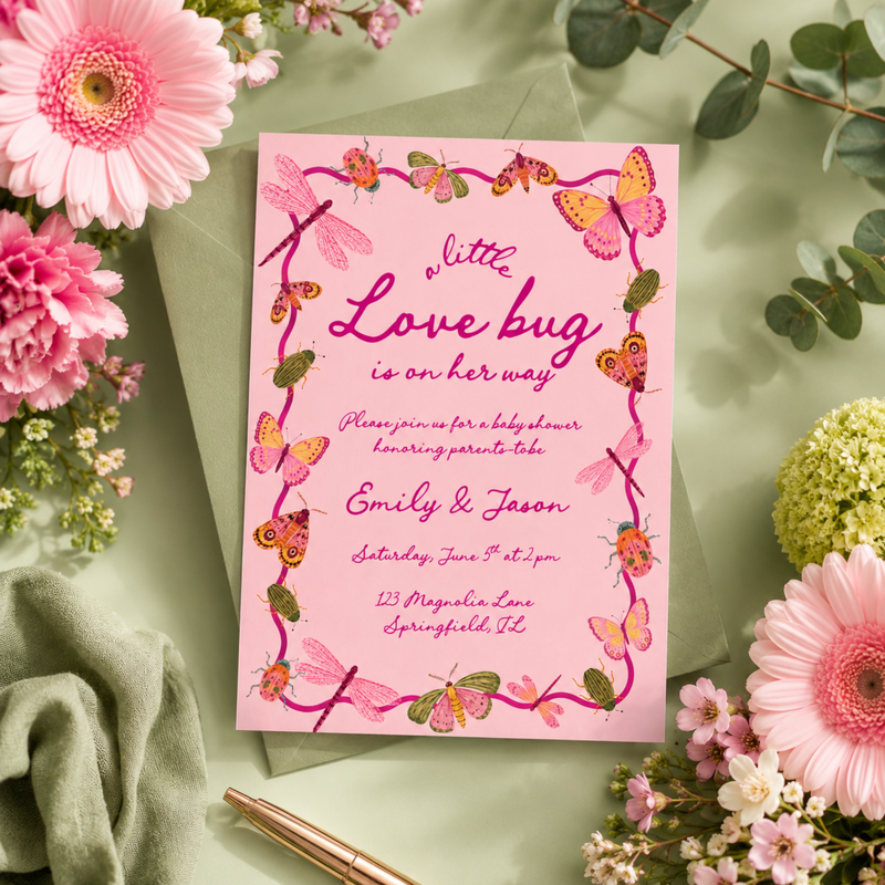 Love Bug Baby Shower Invitation Bundle Pink BS306
