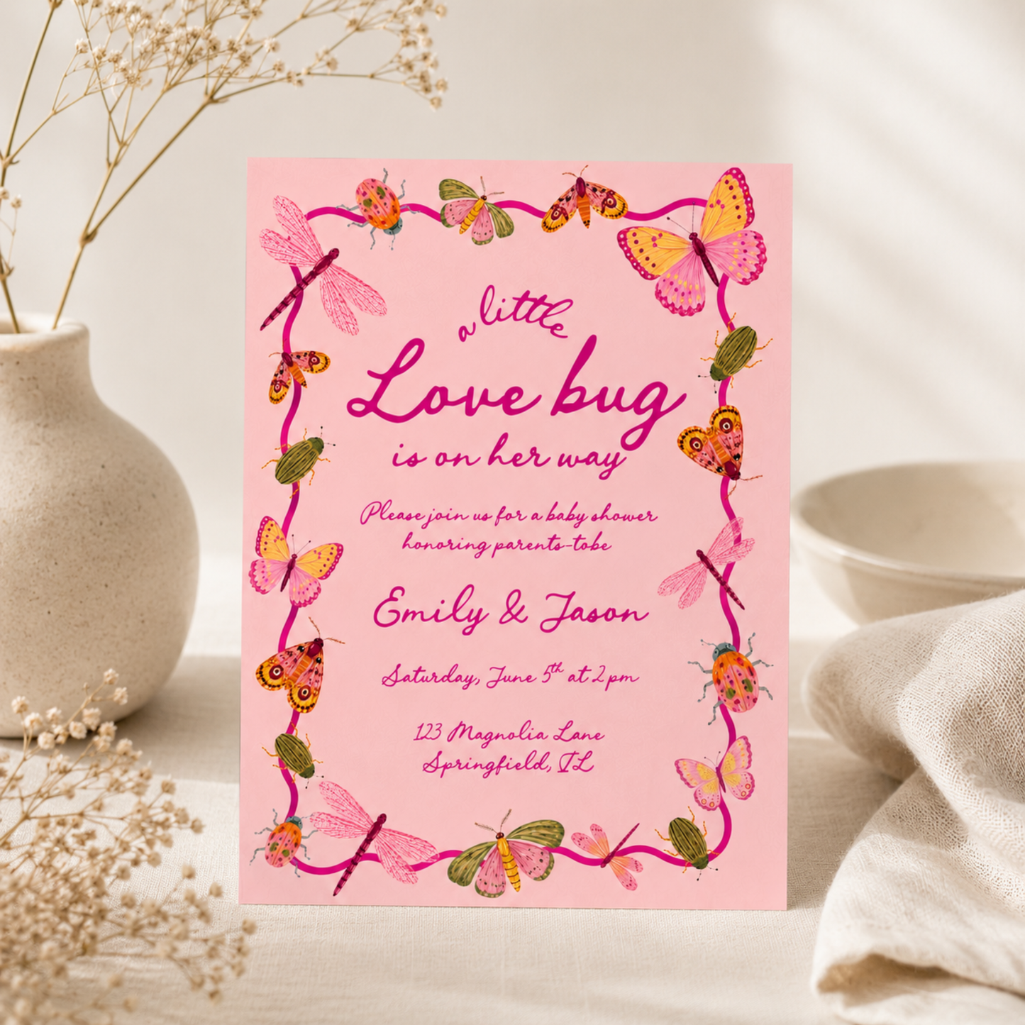 Little Love Bug Baby Shower Invitation Pink BS306