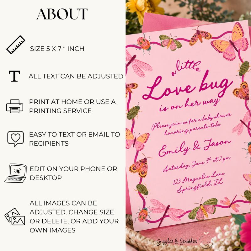 Little Love Bug Baby Shower Invitation Pink BS306