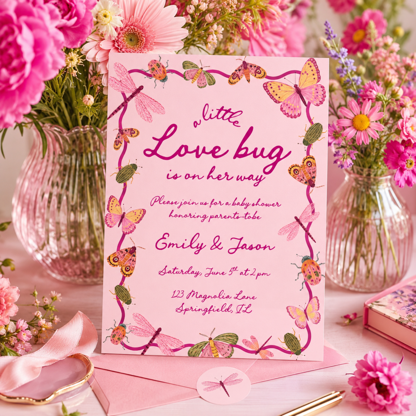 Little Love Bug Baby Shower Invitation Pink BS306