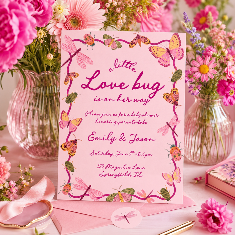Little Love Bug Baby Shower Invitation Pink BS306