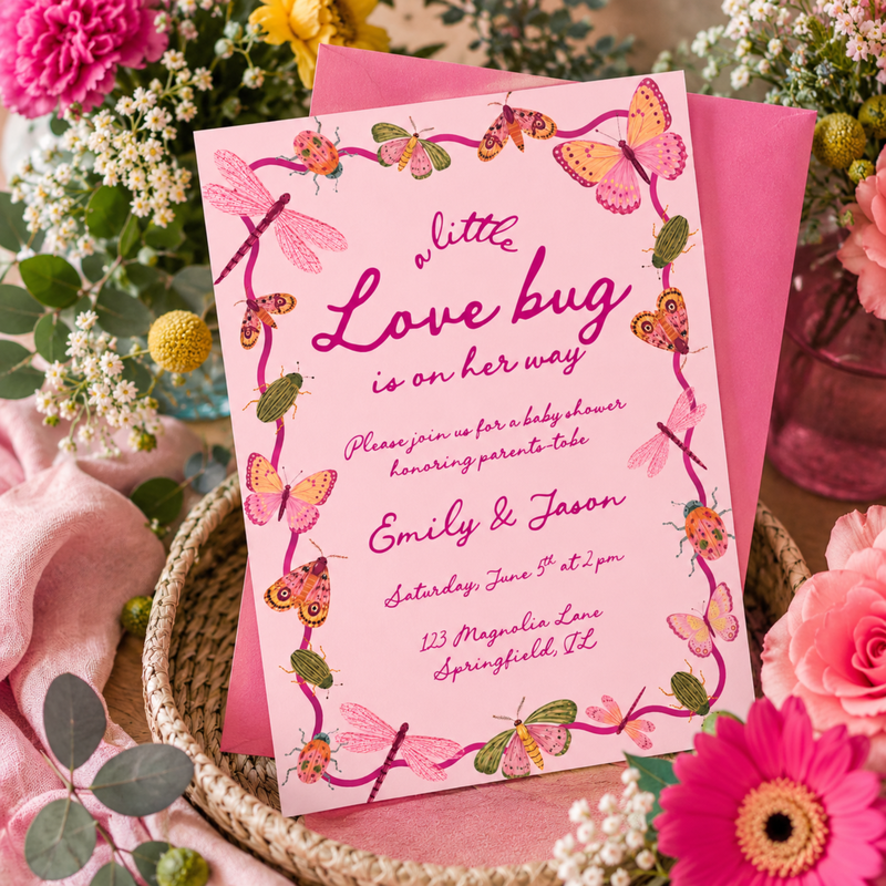 Little Love Bug Baby Shower Invitation Pink BS306