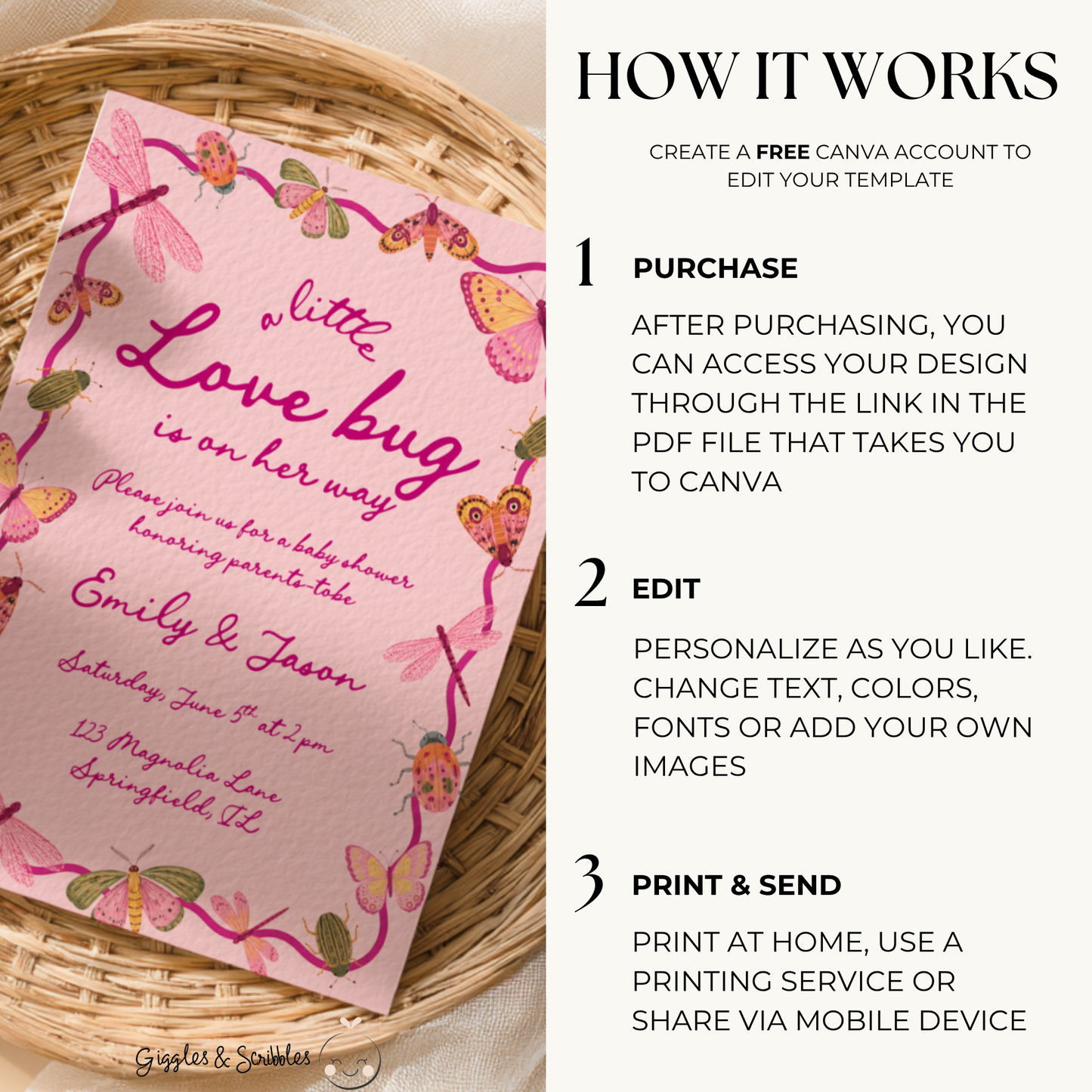 Little Love Bug Baby Shower Invitation Pink BS306