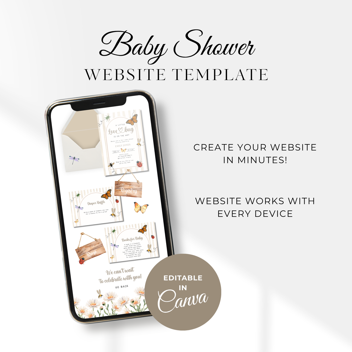 Love Bug Baby Shower Website Template - Editable RSVP Website
