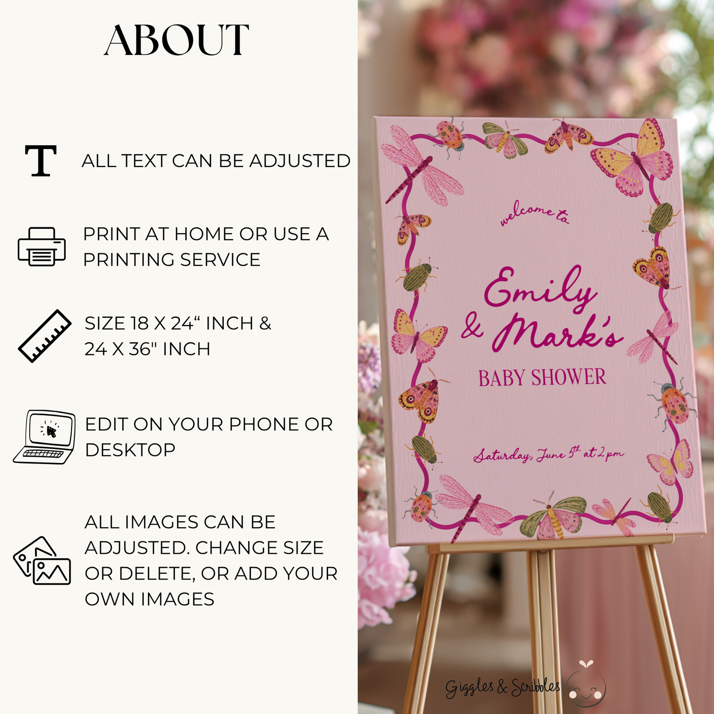 Pink Love Bug Baby Shower Welcome Sign BS306