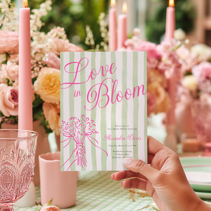 Love In Bloom Bridal Shower Invitation - Preppy Green Stripe Invite L128