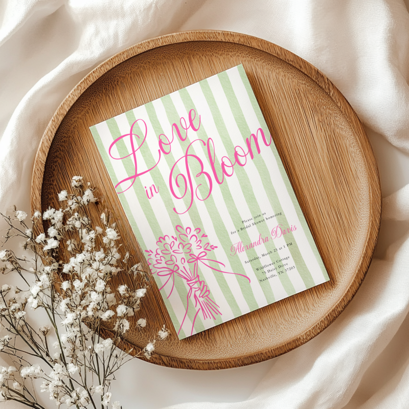 Love In Bloom Bridal Shower Invitation - Preppy Green Stripe Invite L128