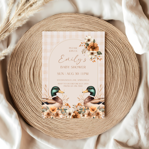 Baby Shower Invitation - Mallard Duck Gingham Beige Waterfowl BS132