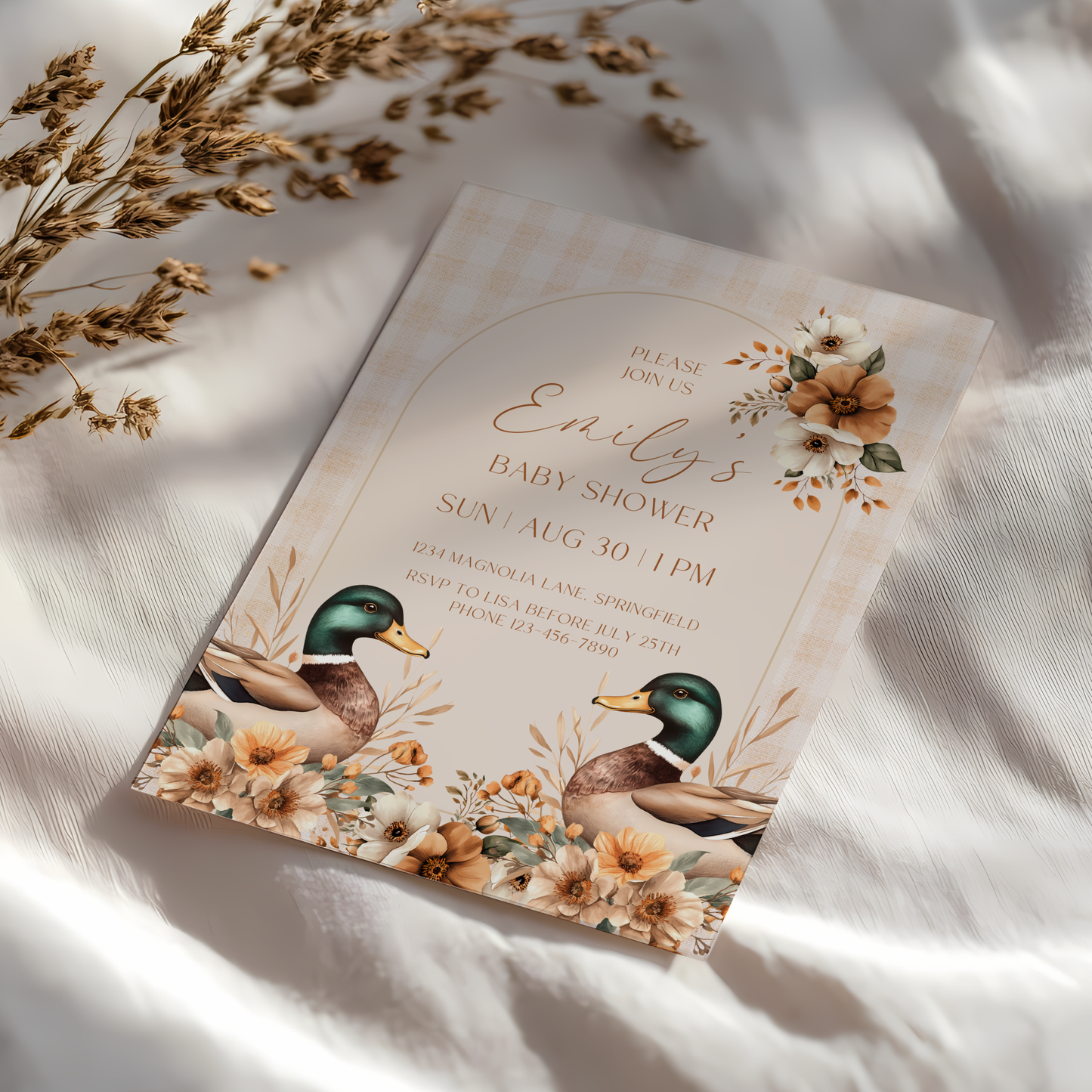 Baby Shower Invitation - Mallard Duck Gingham Beige Waterfowl BS132