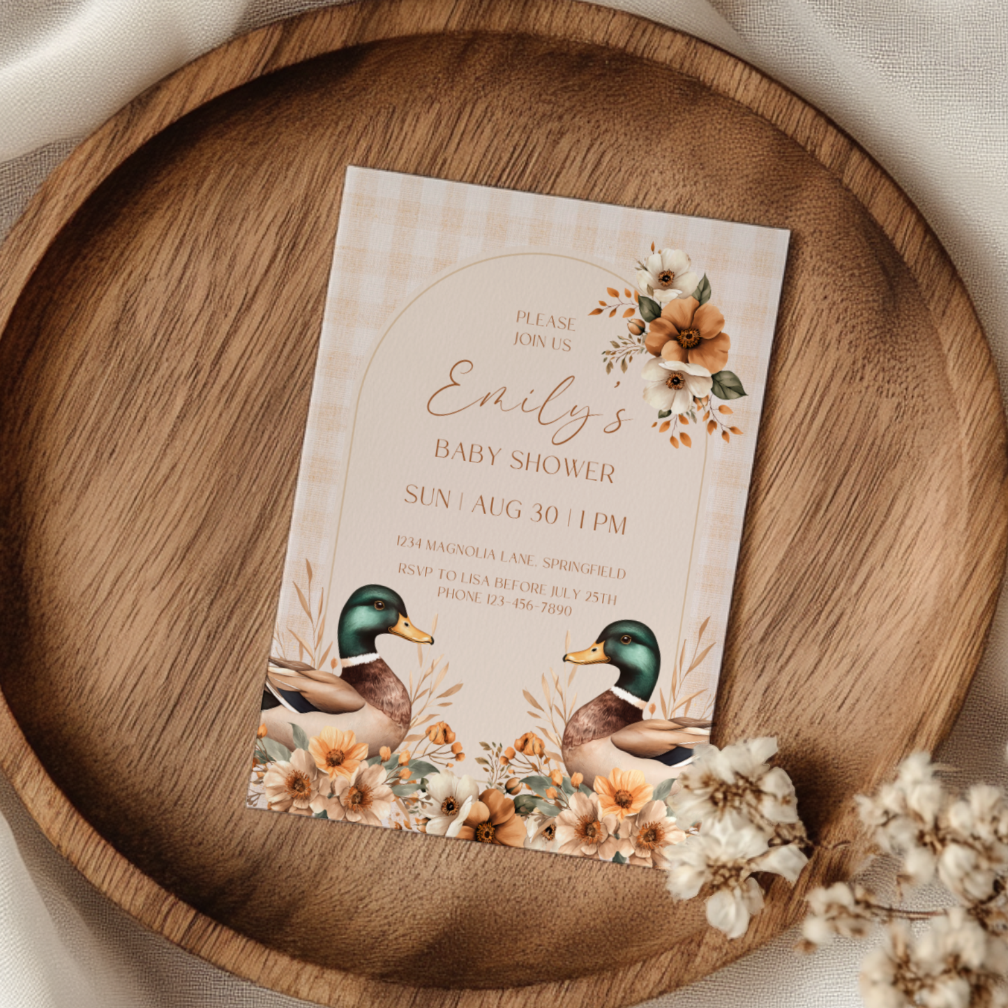 Baby Shower Invitation - Mallard Duck Gingham Beige Waterfowl BS132