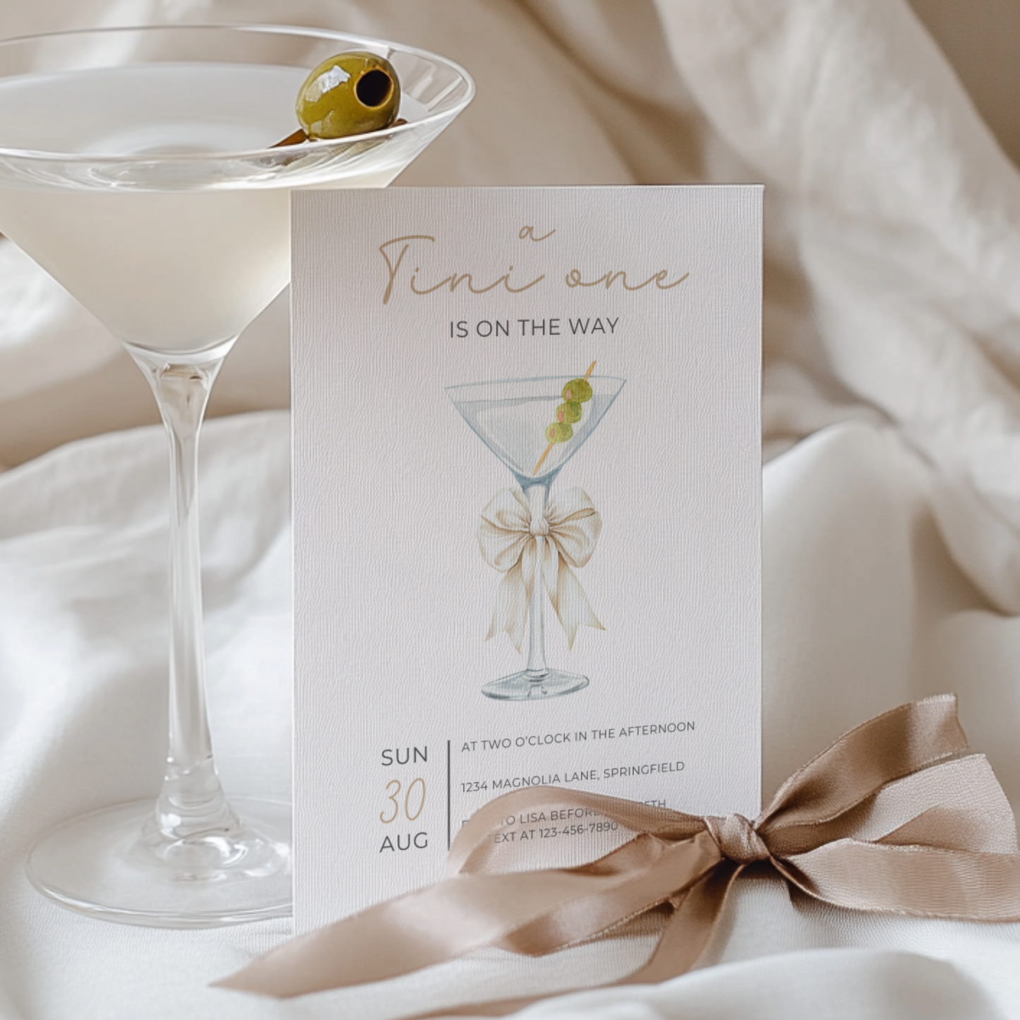 Baby Shower Invitation - Martini A Tini One Is On The Way Minimalistic Gender Neutral Beige BS122