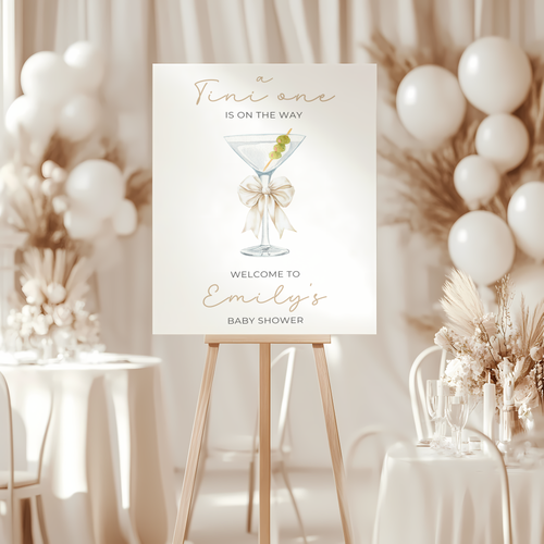 Baby Shower Welcome Sign - Martini Cocktail Theme A Tini One Is On The Way Neutral Beige BS122