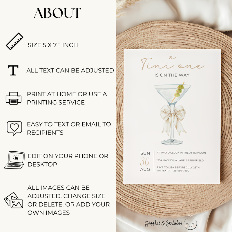 Baby Shower Invitation - Martini A Tini One Is On The Way Minimalistic Gender Neutral Beige BS122