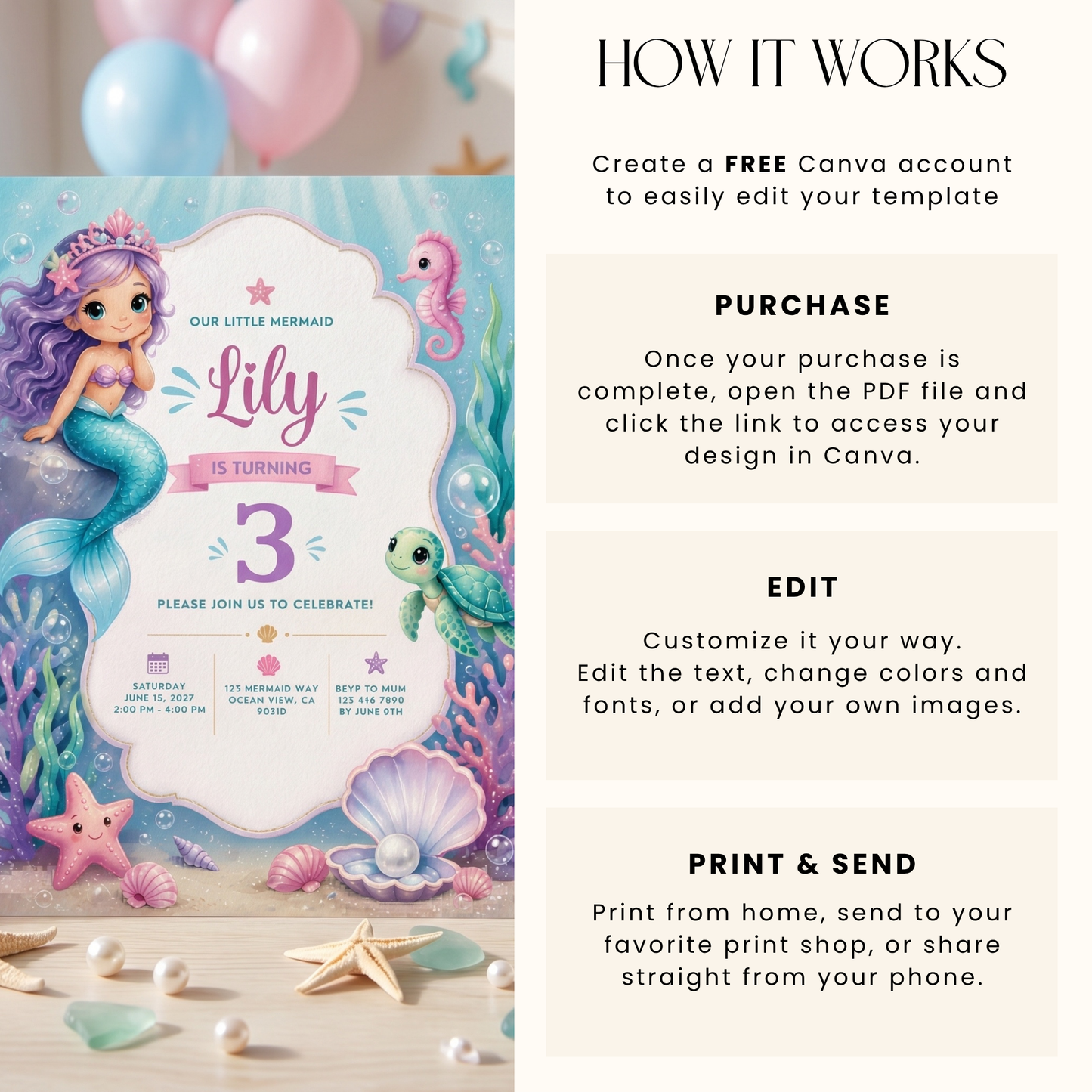 Mermaid Birthday Invitation - Under The Sea Theme L132