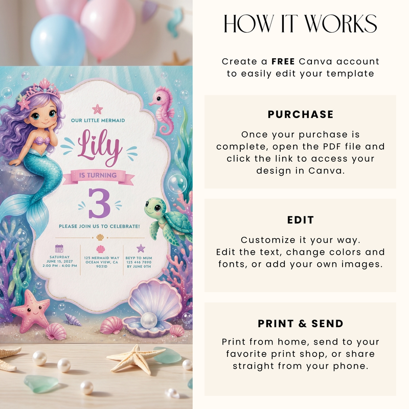 Mermaid Birthday Invitation - Under The Sea Theme L132