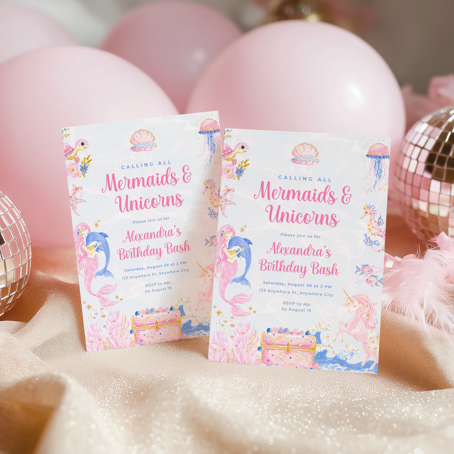 Mermaid and Unicorn Birthday Invitation L101