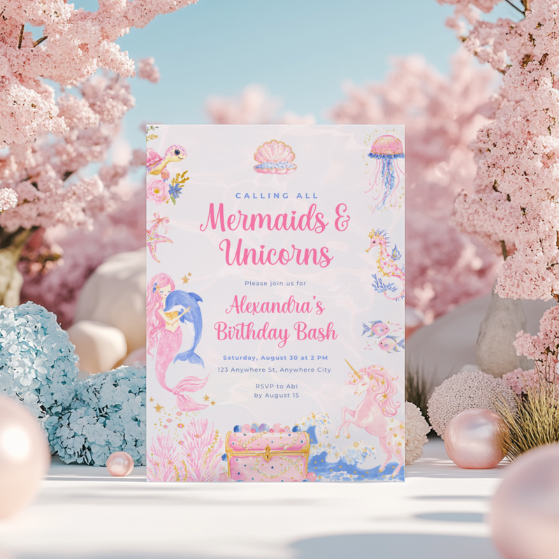 Mermaid and Unicorn Birthday Invitation L101