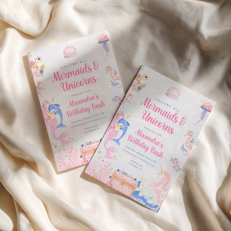 Mermaid and Unicorn Birthday Invitation L101