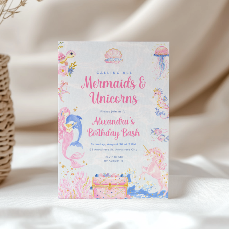 Mermaid and Unicorn Birthday Invitation L101
