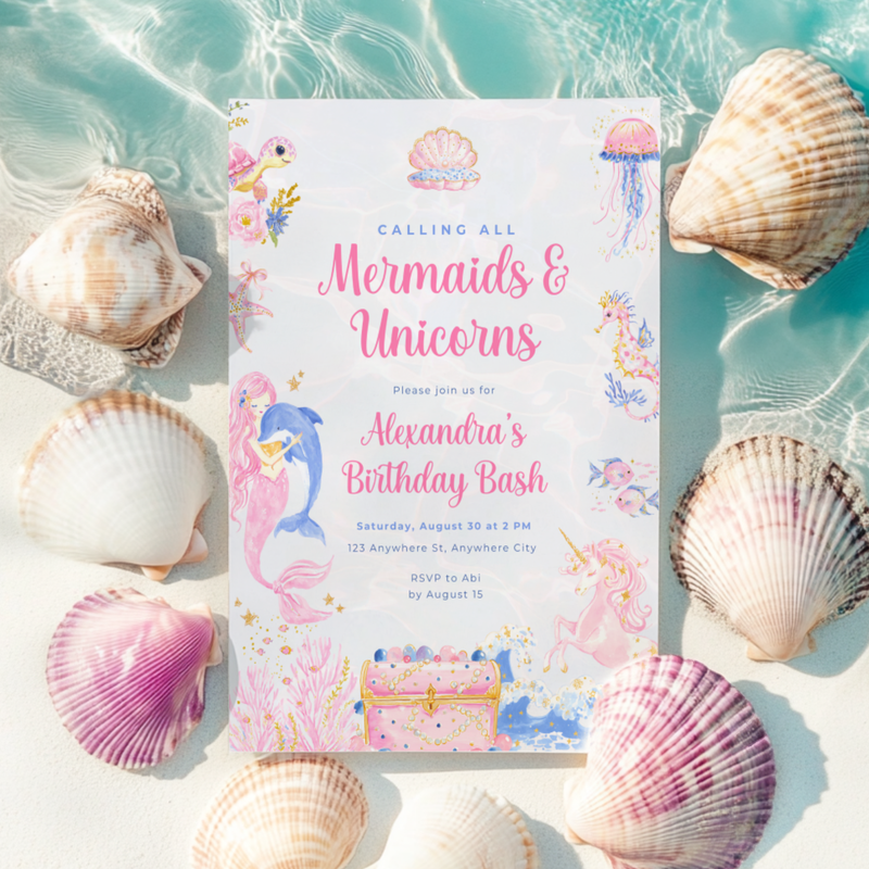 Mermaid and Unicorn Birthday Invitation L101
