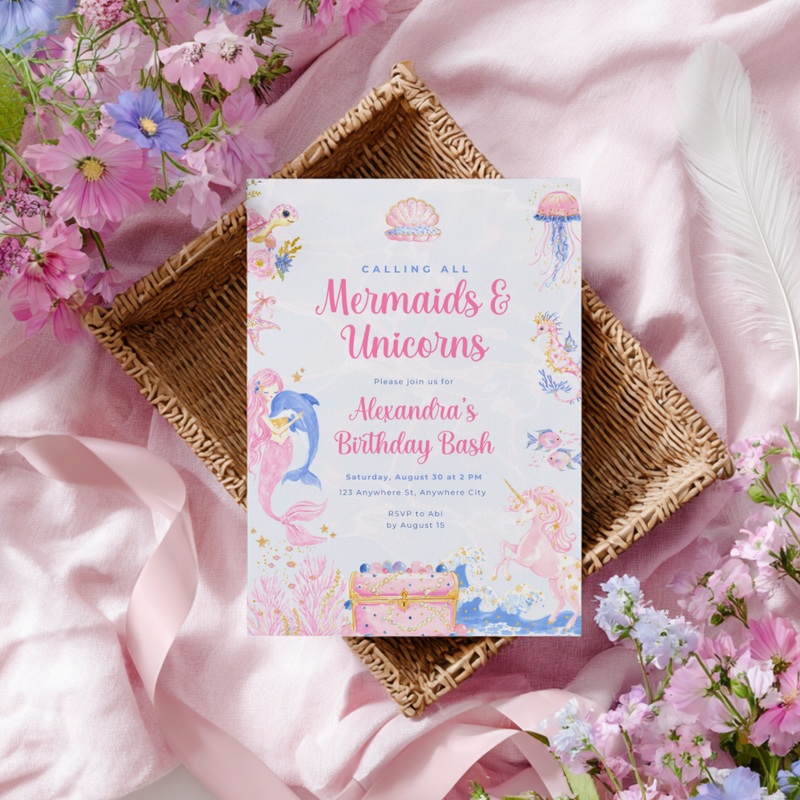 Mermaid and Unicorn Birthday Invitation L101