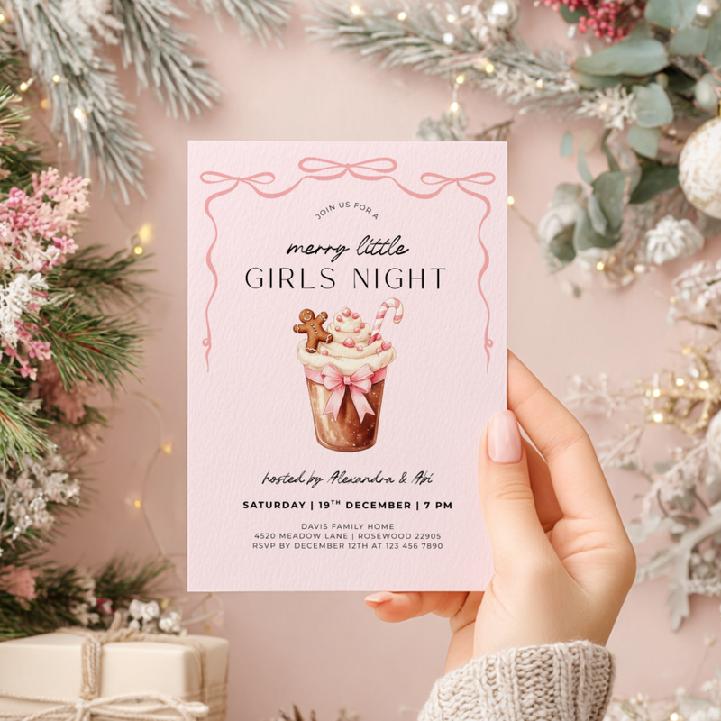 Editable Pink Christmas Girls Night Party Invitation Template L27